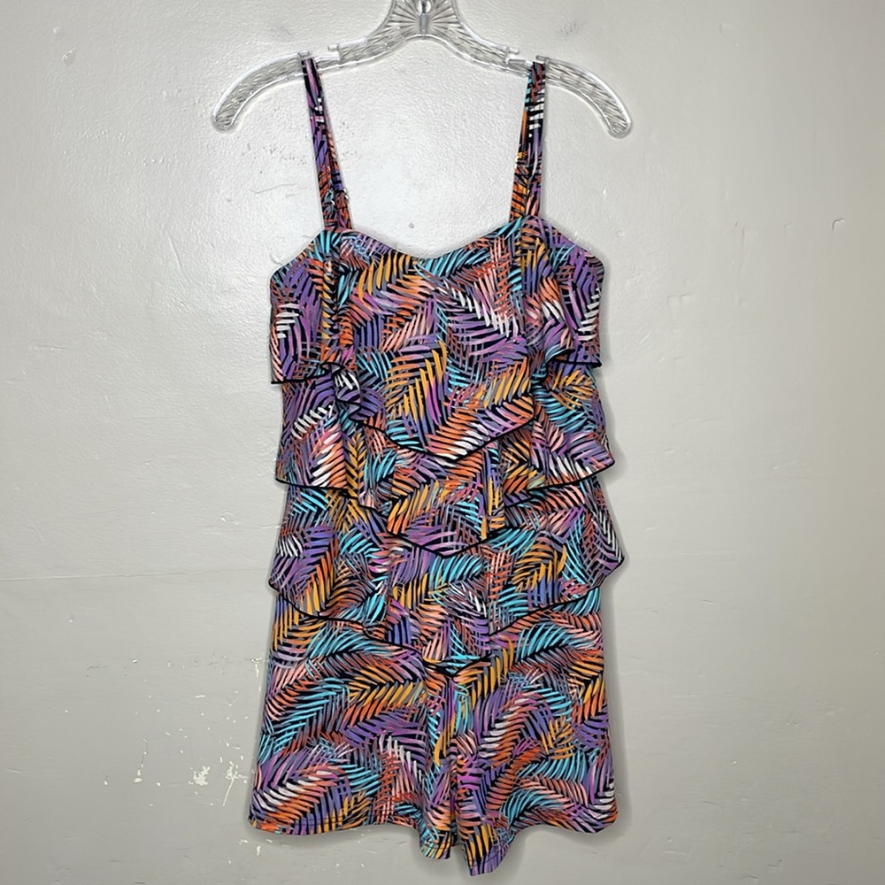 FIT 4U Pink Palm Bandeau V Tiered Ruffle Romper One Piece Swimsuit A263383 Sz 10